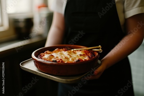 A delicious serving of patatas bravas presented in rustic dish held by person in kitchen. Concept focuses on patatas bravas as popular and flavorful Spanish dish