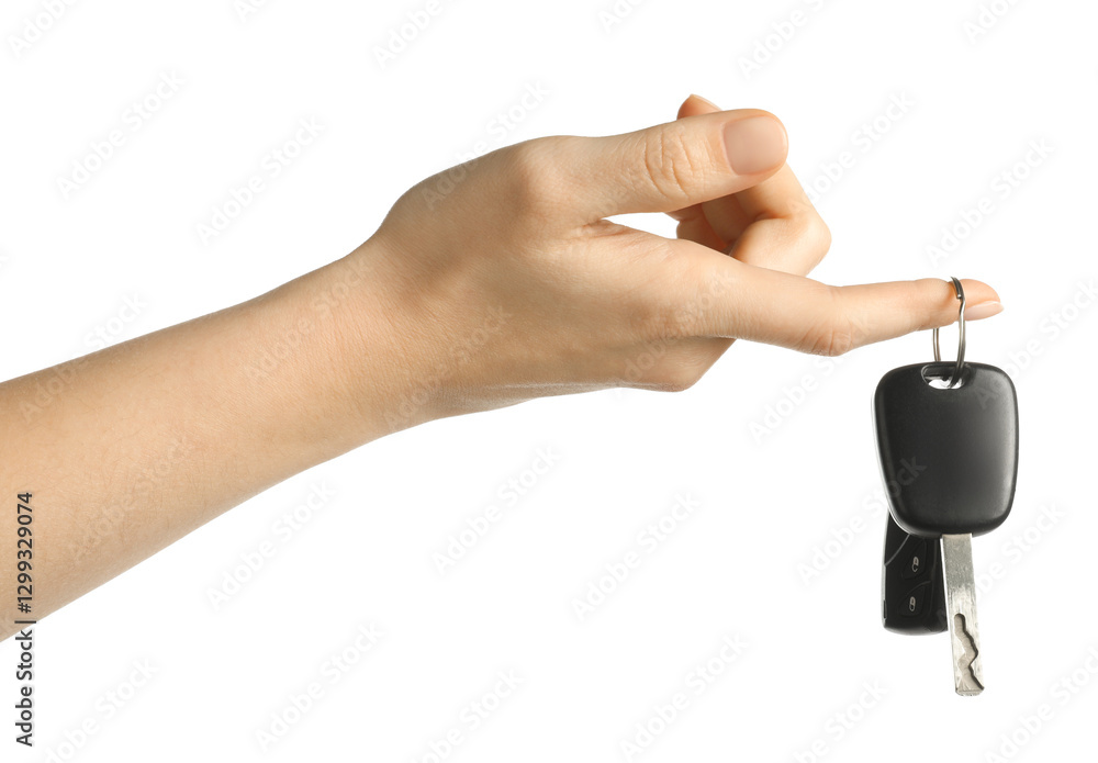 Woman with car keys on white background, closeup Woman with car keys on white background, closeup