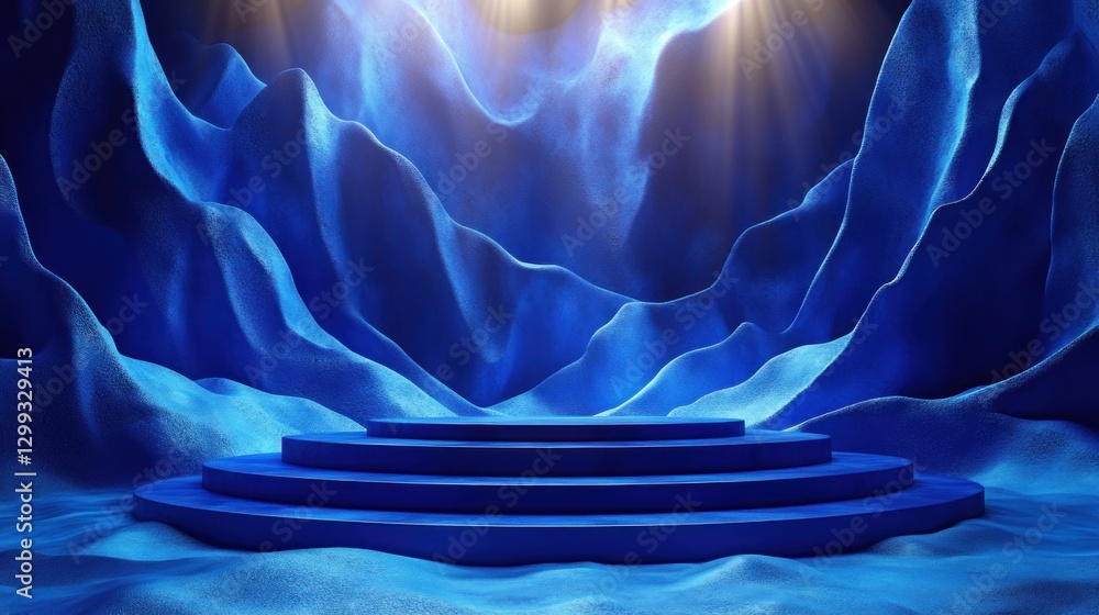 Obraz premium Blue Fabric Podium Stage, Dramatic Lighting