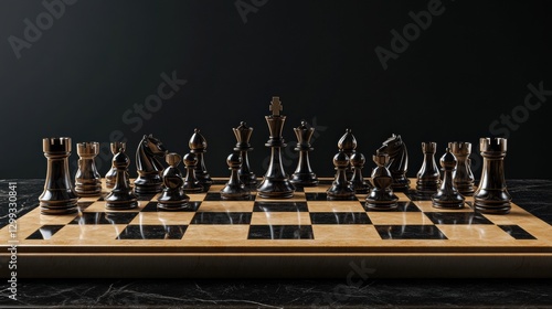 Elegant wooden chess set on marble board against dark background