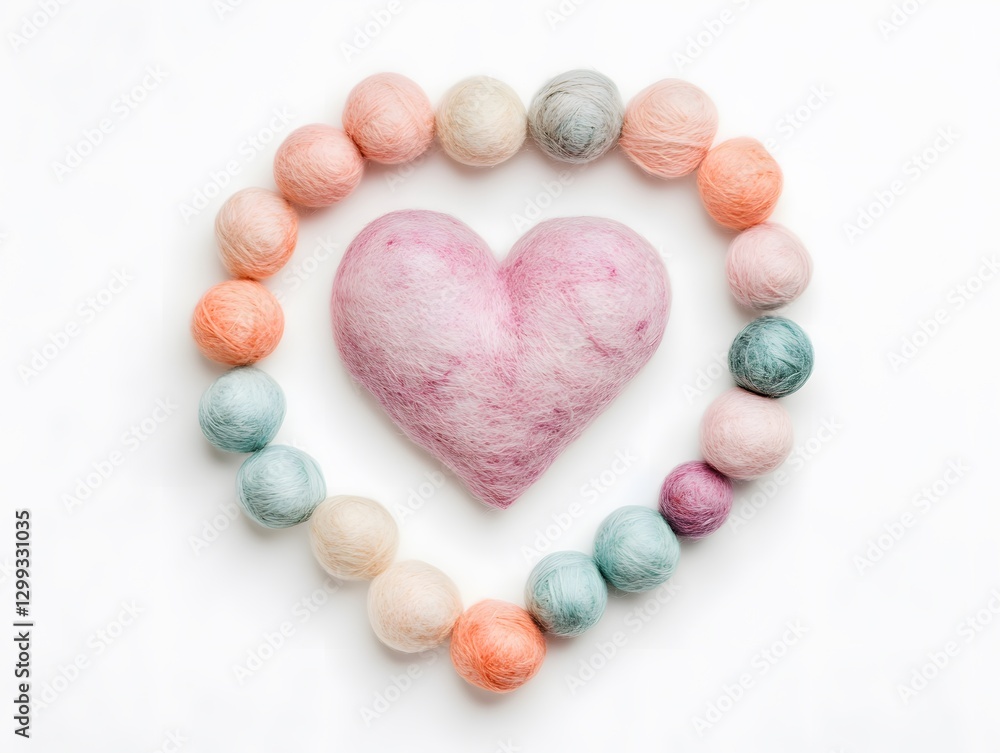 Obraz premium Pastel Felt Balls Heart Garland Valentines Day Decoration
