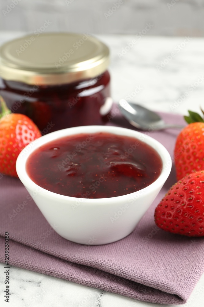 custom made wallpaper toronto digitalDelicious strawberry sauce and fresh berries on white marble table, closeup