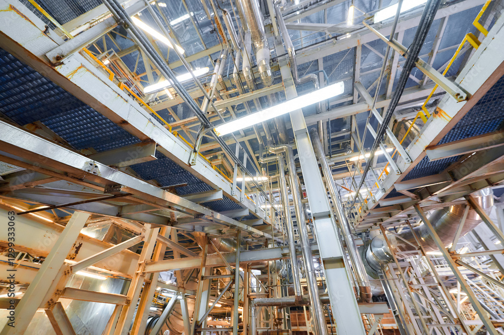 Inside a chemical plant showcasing extensive pipelines and conveyor systems at work in an industrial setting Inside a chemical plant showcasing extensive pipelines and conveyor systems at work in an industrial setting