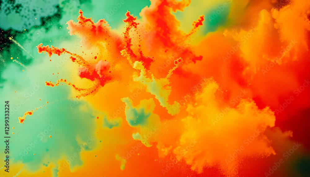 Fototapeta premium Artistic burst of bright green, orange, and red Holi powder, creating a colorful and energetic visual effect.
