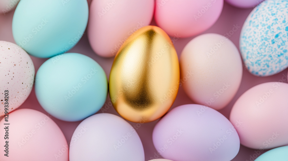 A collection of pastel-colored Easter eggs with one golden egg at the center, symbolizing uniqueness. A collection of pastel-colored Easter eggs with one golden egg at the center, symbolizing uniqueness.