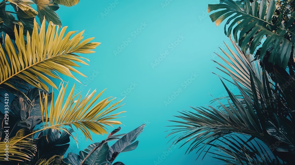 Obraz premium Tropical leaves frame turquoise background; summer vacation design