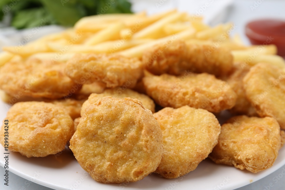Tasty chicken nuggets and french fries on white table, closeup Tasty chicken nuggets and french fries on white table, closeup