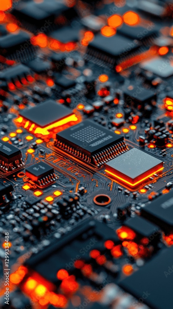 Illuminated circuit board close-up; technology, innovation, electronics