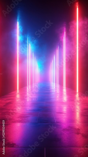 Colorful neon lights illuminate a misty pathway in a futuristic setting at night