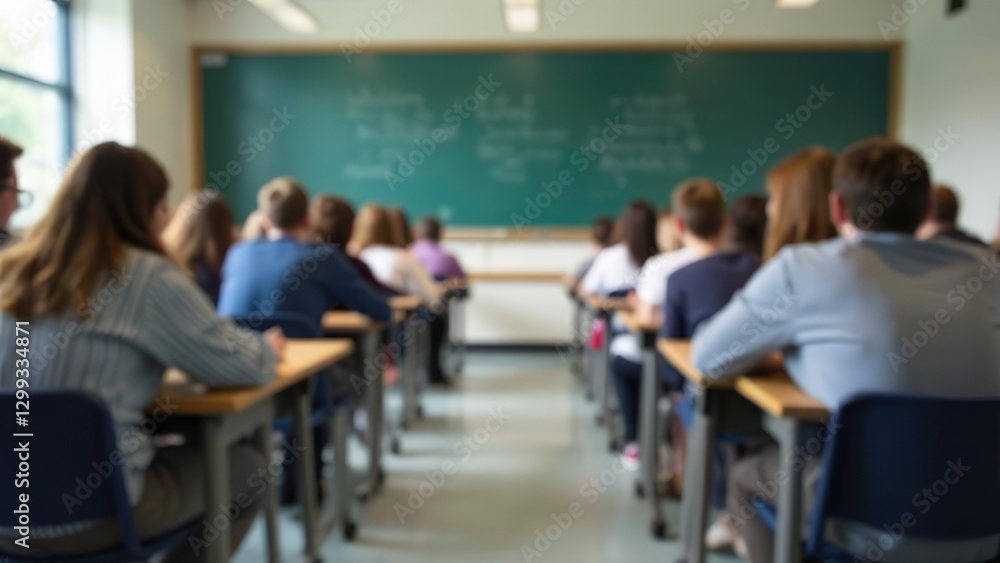 Fototapeta premium A blurred classroom with students sitting at desks facing a blackboard. Concept of education and academic learning.