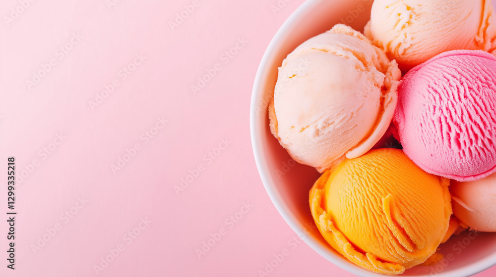 A bowl of ice cream with pink, orange, and white scoops, set on a pink background. A bowl of ice cream with pink, orange, and white scoops, set on a pink background.