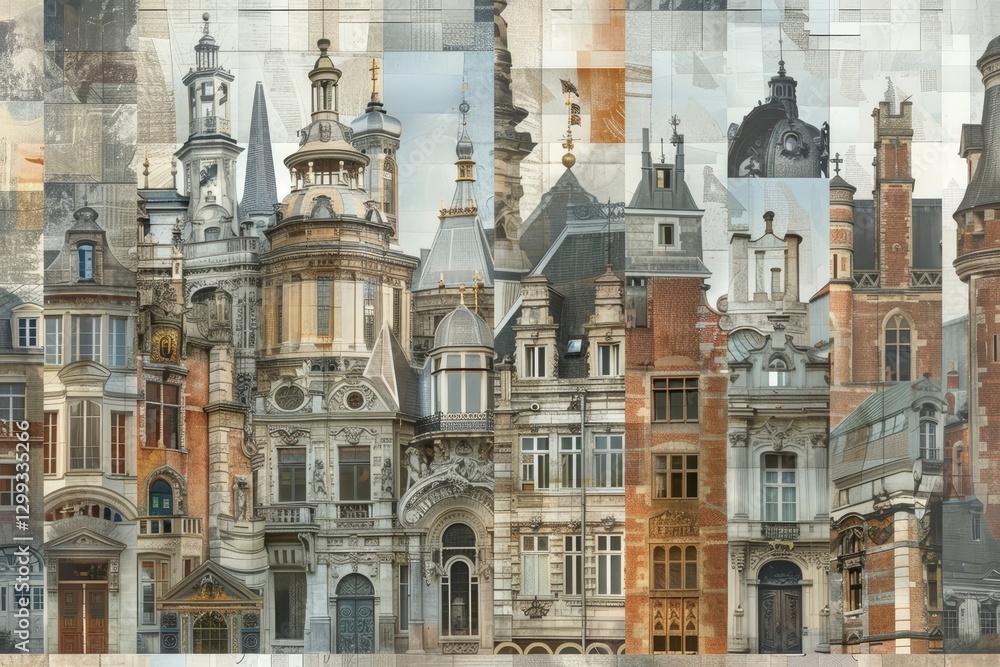Obraz premium A photo collage of various European buildings, showcasing different architectural styles, Collage-like compositions combining elements of various architectural styles and eras