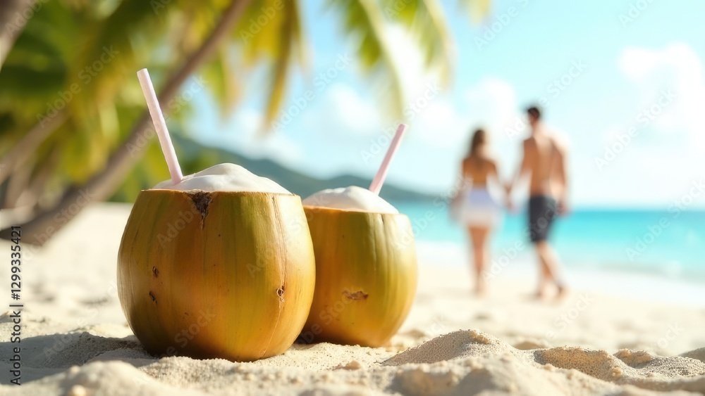 Two fresh coconut drinks with straws sit on a white sand beach with a couple walking in the background.
Concept of tropical refreshment.