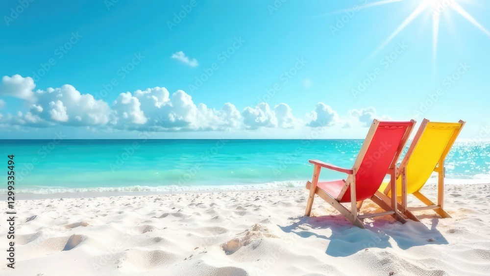 Two colorful beach chairs sit on a pristine white sand beach overlooking a turquoise ocean under a bright sun. Concept of beach vacation.