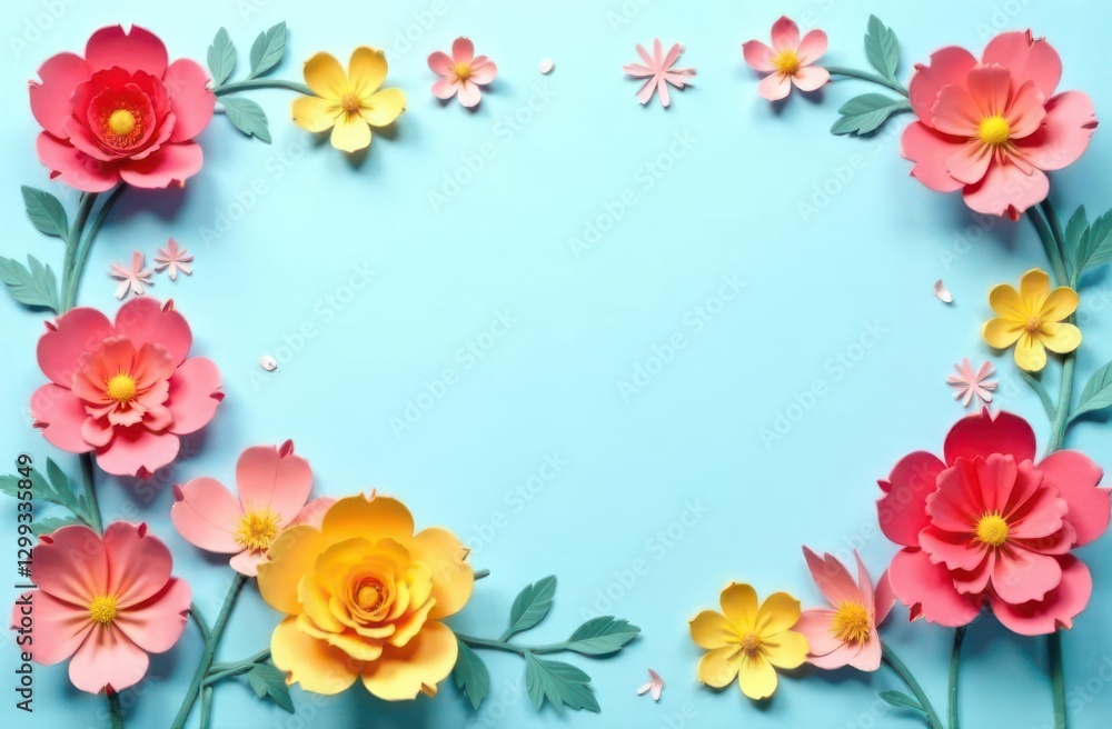 colorful paper flowers arranged in frame on light blue background. floral border design with pink, red, and yellow blooms. spring concept. invitation, greeting card, poster with copy space colorful paper flowers arranged in frame on light blue background. floral border design with pink, red, and yellow blooms. spring concept. invitation, greeting card, poster with copy space