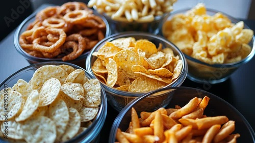 A close-up of various snack foods in glass bowls, including chips, pretzels, and crunchy snacks, arranged on a dark table.