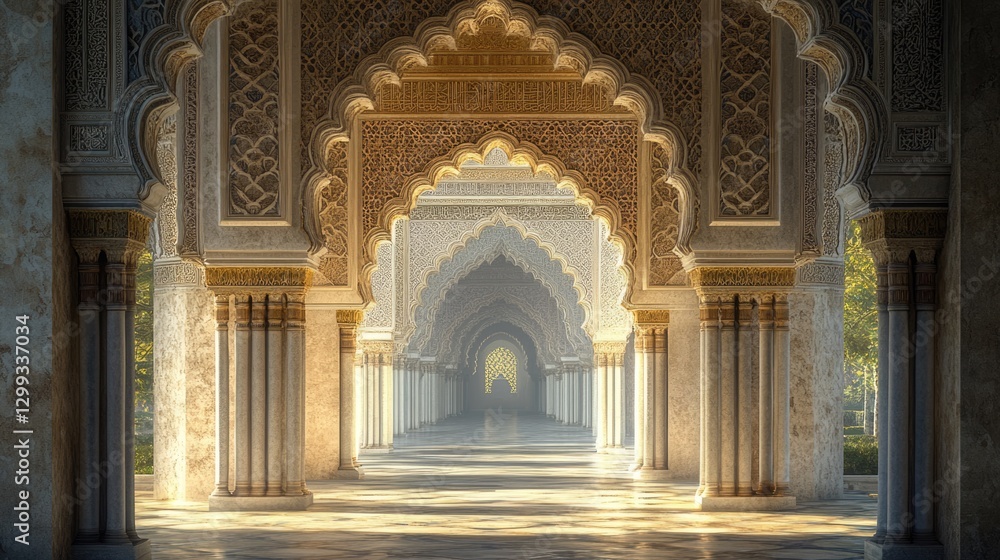 Fototapeta premium Sunlit Archway: A Journey Through Intricate Islamic Architecture