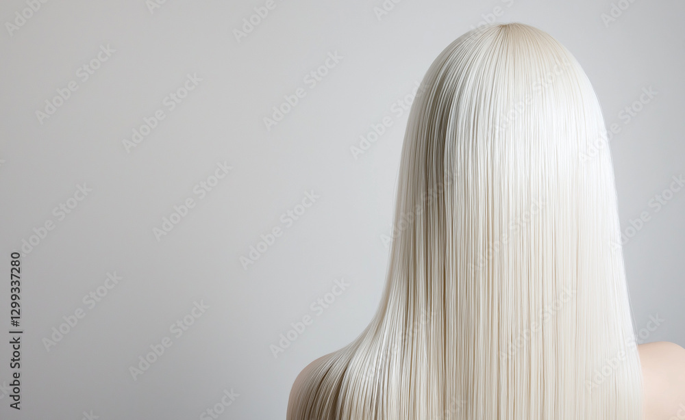 Naklejka premium A mannequin head with long, straight, platinum blonde hair, viewed from the side.