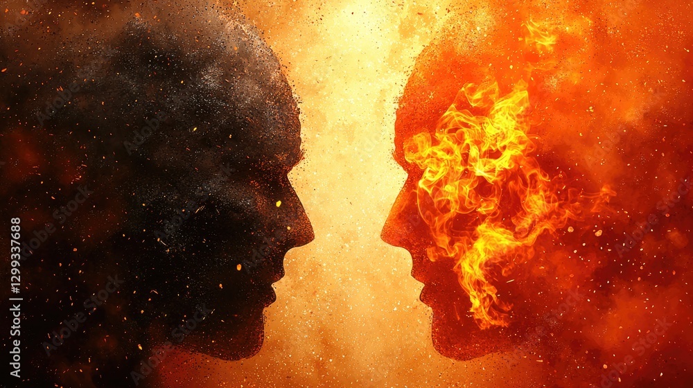 Fire and ash faces confront; fiery background; conflict concept; art Fire and ash faces confront; fiery background; conflict concept; art
