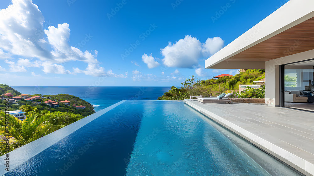 Fototapeta premium White modern luxury villa with an infinity pool and swimming pool on the hill overlooking the tropical beach