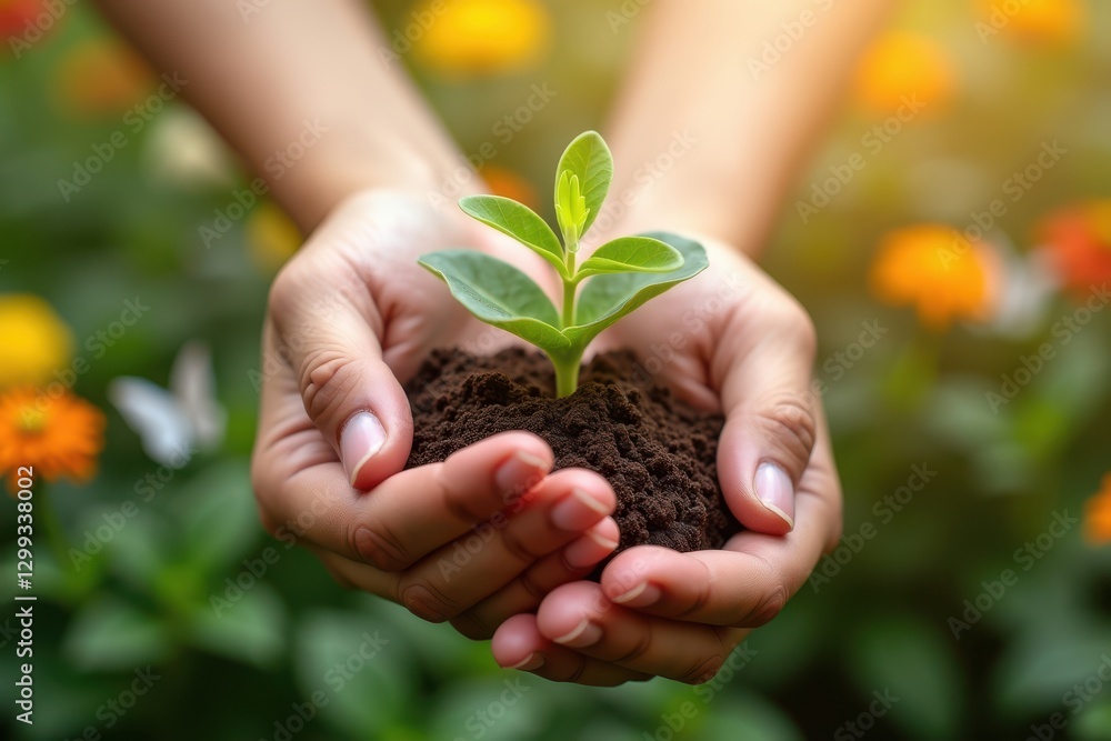 Caring hands nurture a young plant in garden Caring hands nurture a young plant in garden
