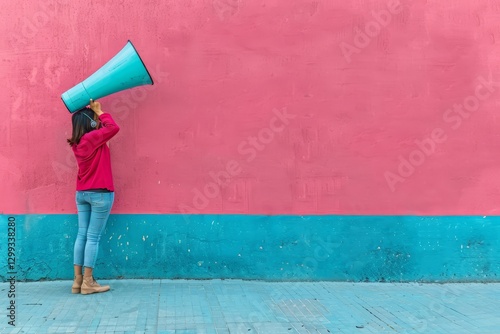 A woman holds a blue megaphone up to her ear while standing in front of a pink and blue wall, Develop a minimalist artwork representing the power of word-of-mouth marketing photo