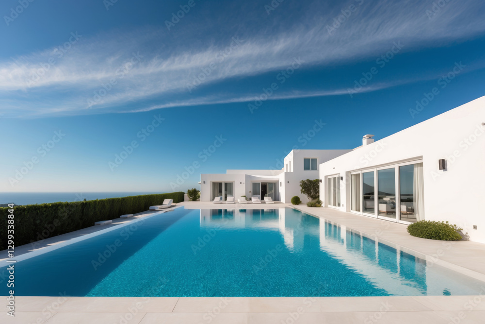 Fototapeta premium A modern villa boasts an inviting infinity pool overlooking the blue sea on a beautiful clear day.