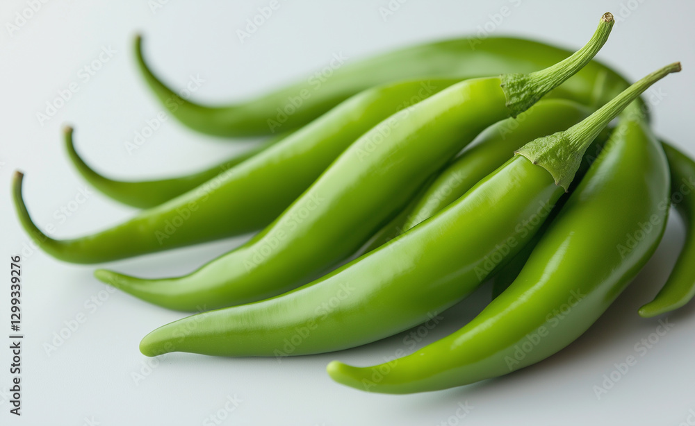 Fresh green chili peppers on a white background, showcasing the vibrant color and texture.