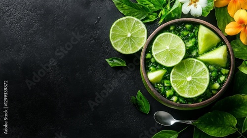 Fresh Lime and Mint with a Green Tropical Drink in a Bowl Surrounded by Leaves. Generative AI photo