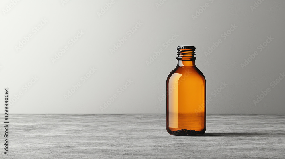 minimalist amber glass bottle with metal cap is placed on concrete surface against neutral background, evoking sense of simplicity and elegance minimalist amber glass bottle with metal cap is placed on concrete surface against neutral background, evoking sense of simplicity and elegance