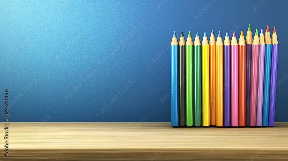 Fototapeta premium Colorful pencils on wood shelf against blue wall; education, creativity