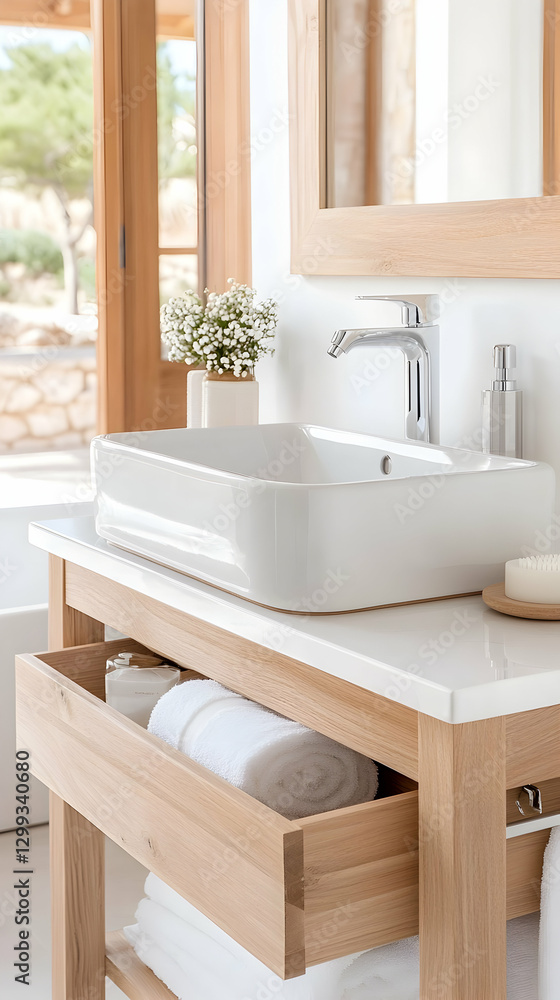 Modern bathroom vanity with open drawer Modern bathroom vanity with open drawer