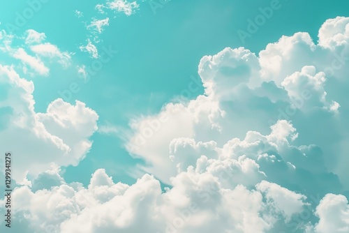 White cumulus clouds drift effortlessly against a vibrant, blue topaz sky on a sunny day, Fluffy cumulus clouds drifting lazily across a blue sky photo