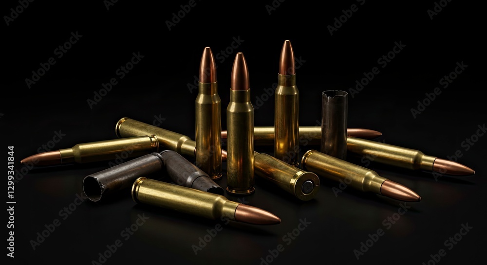 Rifle Ammunition and Bullet Casings on a Black Background Still Life Rifle Ammunition and Bullet Casings on a Black Background Still Life