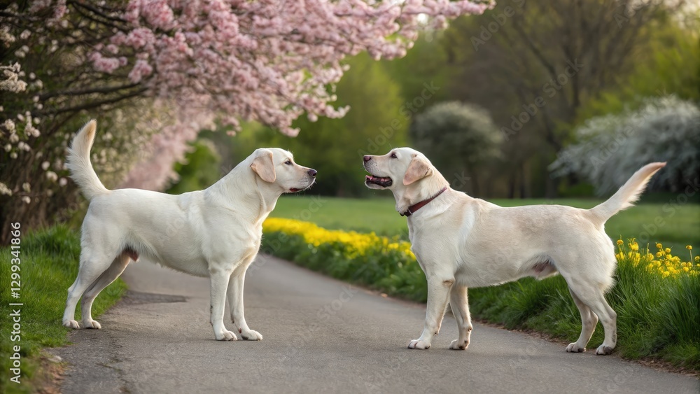 Spring Day With White Labrador Retrievers Near Scale. Generative AI Spring Day With White Labrador Retrievers Near Scale. Generative AI