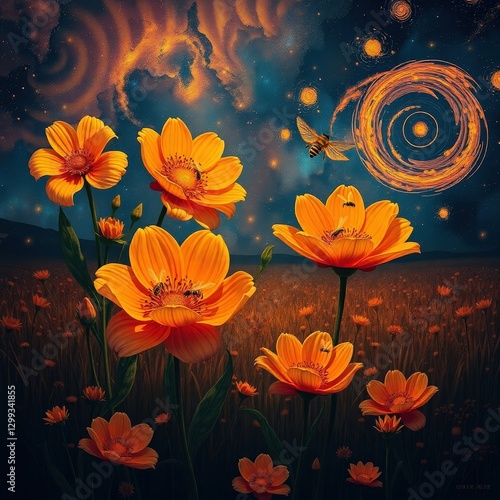 Wallpaper Mural Cosmic Golden Flowers with Bees Under a Surreal Starry Sky Torontodigital.ca