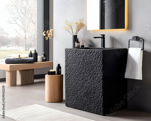 Modern black sink, minimalist bathroom