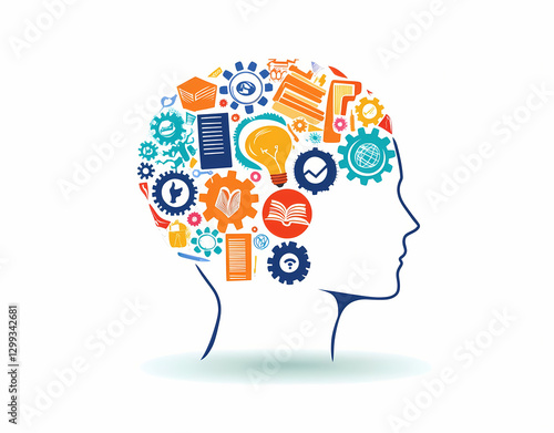 Wallpaper Mural Elegant, colorful brain with gears, a lightbulb, and book icons inside it on a white background Torontodigital.ca