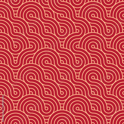 Vector Japanese seamless pattern in oriental geometric traditional style. Festive ornament for lunar chinese new year decoration. Red and golden asian creative motif. Abstract Waves and Circles.