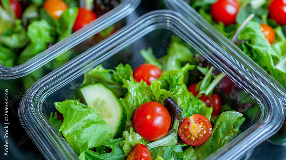 A close-up of fresh mixed salad with cherry tomatoes, cucumbers, and leafy greens in plastic containers. A close-up of fresh mixed salad with cherry tomatoes, cucumbers, and leafy greens in plastic containers.