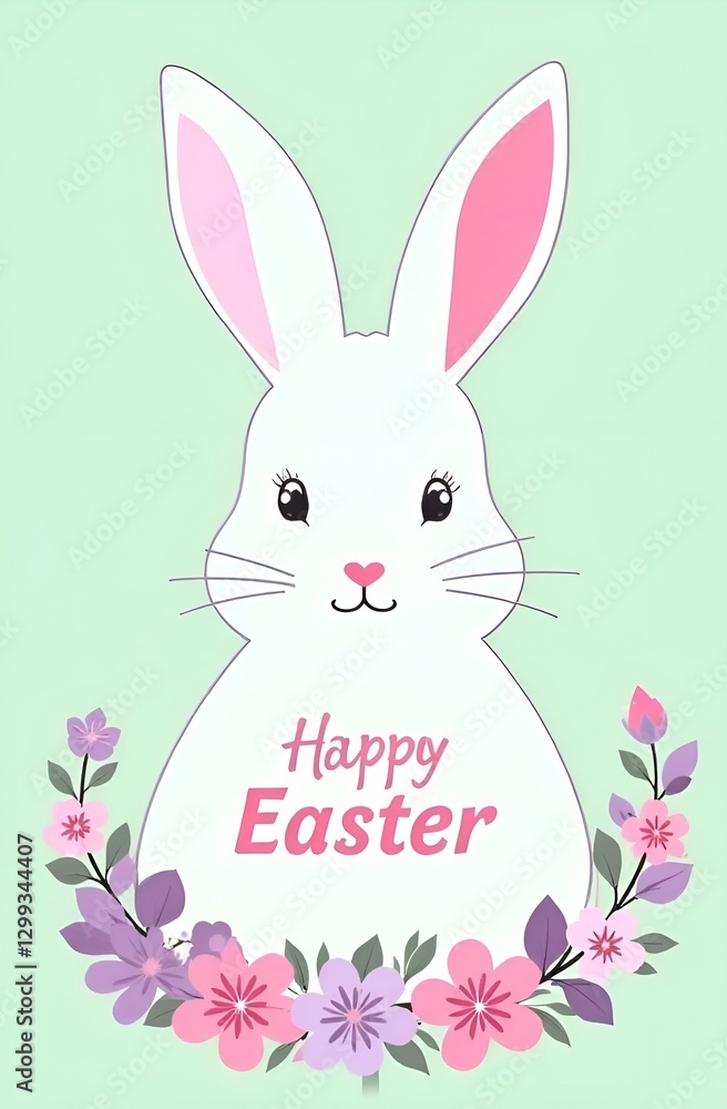Fototapeta premium Easter bunny with flowers' frame on green background, easter card concept