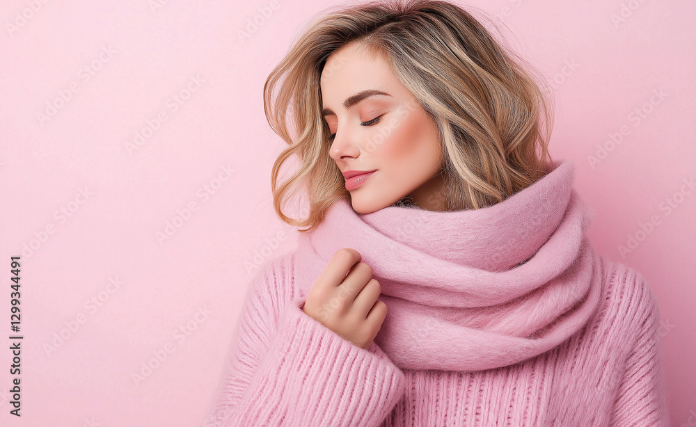 A woman in a cozy pink sweater and scarf, smiling and enjoying the warmth in front of a pink background.