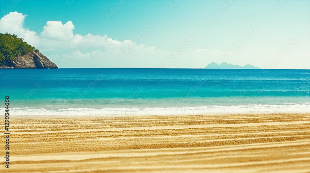 Fototapeta premium A beautiful beach with clear blue water, golden sand, and a bright sky. The image evokes feelings of relaxation, vacation, and tranquility, ideal for beach resorts and travel concepts.