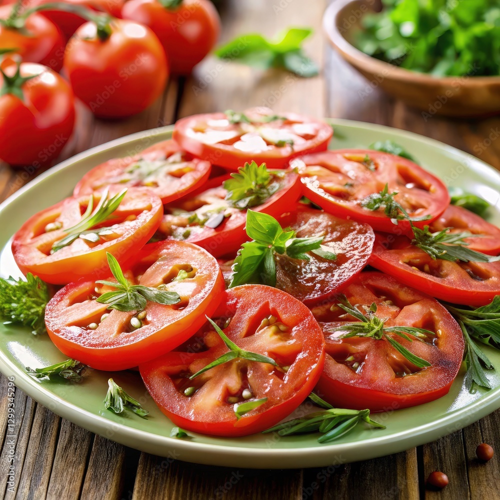 Sliced Tomatoes With Fresh Herbs on a Decorative Plate. Generative AI Sliced Tomatoes With Fresh Herbs on a Decorative Plate. Generative AI