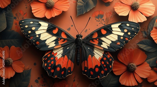 Butterfly on Paper Flowers Background