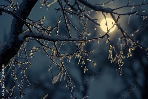 A close-up of tree branches covered in ice, illuminated by moonlight, Icy tree branches glistening in the moonlight