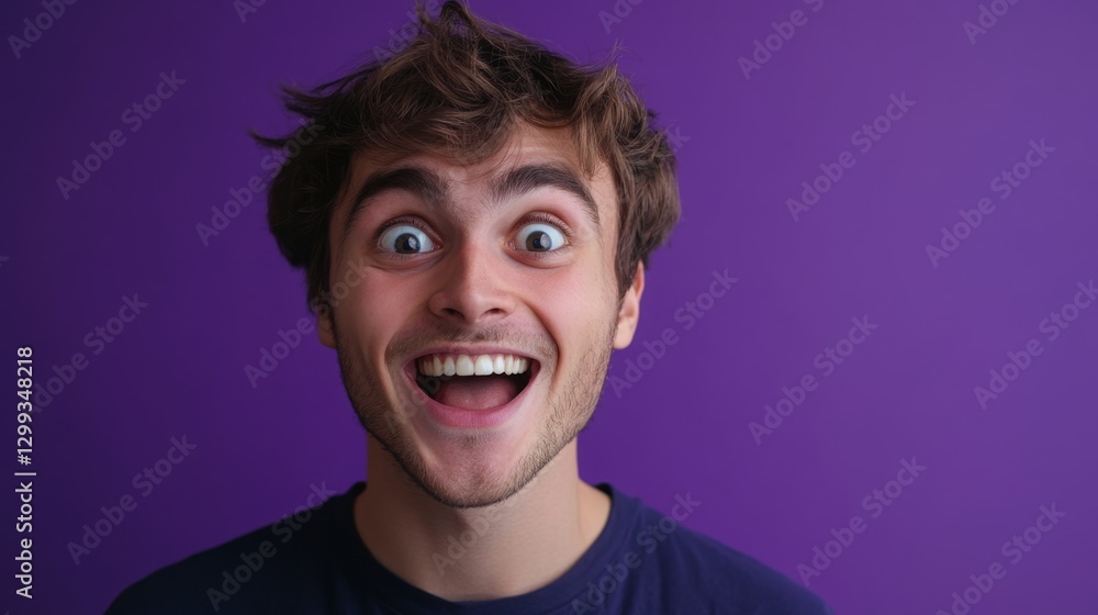 Young man with joyful expression poses in front of vibrant purple wall during indoor leisure time Young man with joyful expression poses in front of vibrant purple wall during indoor leisure time
