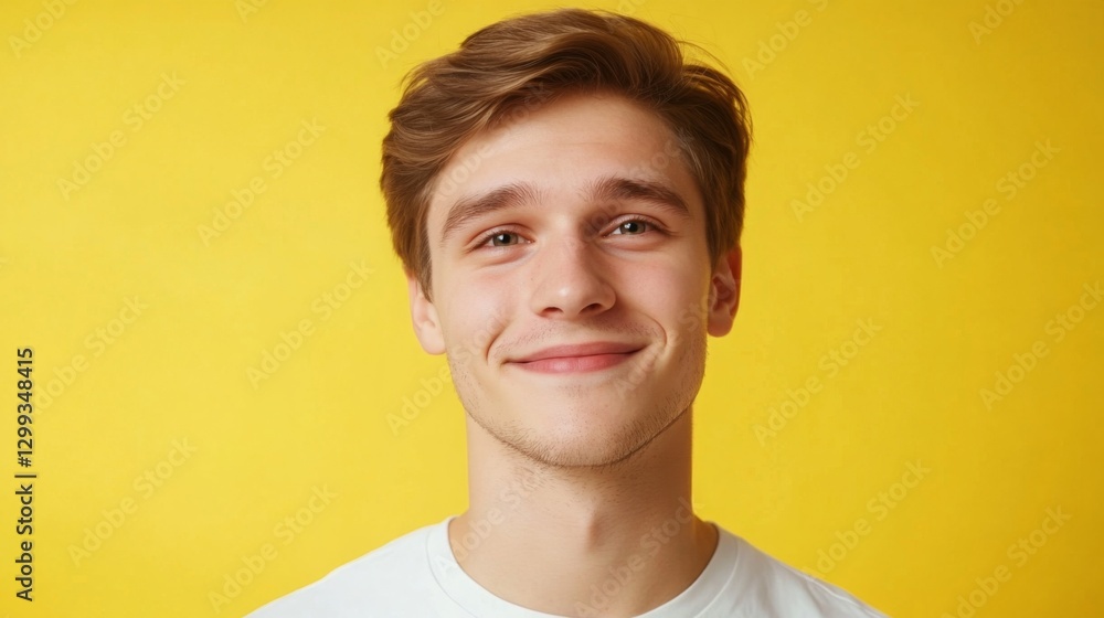 Young man with a cheerful expression against a bright yellow background, showcasing happiness and positivity Young man with a cheerful expression against a bright yellow background, showcasing happiness and positivity