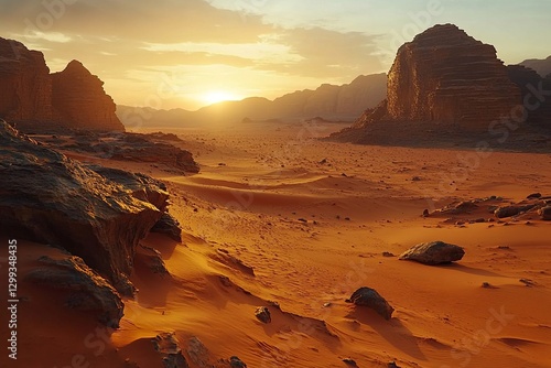 Majestic Desert Landscape At Sunset Golden Hour Rocks And Sand photo