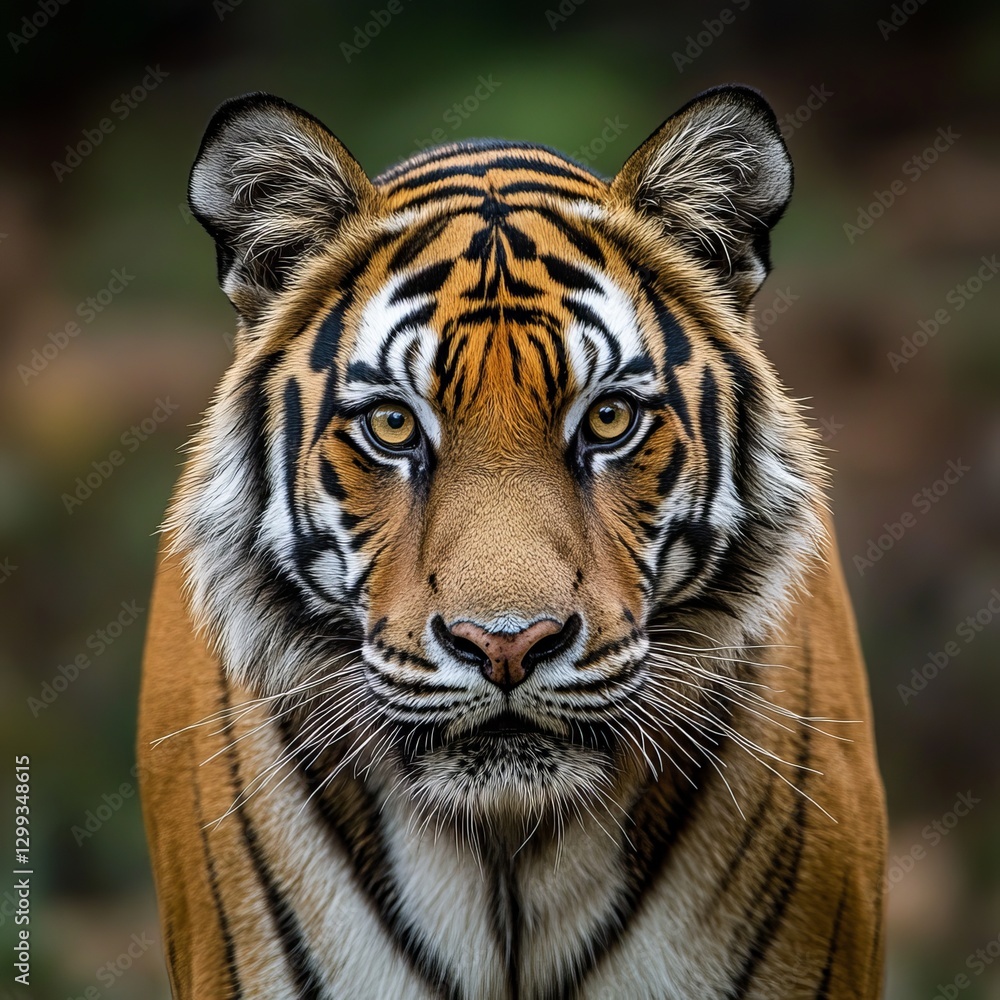 Fototapeta premium Majestic Sumatran Tiger Portrait Powerful Wildcat Intense Gaze Beautiful Stripes Orange Fur Wildlife Photography Nature Animal Closeup Endangered 